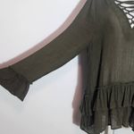 Entro Army Green Lace-Up Blouse Size Large Green Ruffle Blouse Photo 4