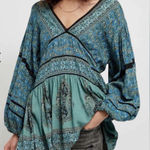 Free People Top Green Blue Luna Scarf Print Balloon Sleeve Boho Tunic L NWT Photo 0