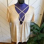 Olivaceous Womens Large Holes Distressed Plunging Short Sleeve Top Shirt Grunge Photo 0