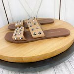 Nine West Brynli3 Studded Dual Strap Slide Sandals Tan Silver 7 Photo 2