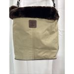 Liz Claiborne  Tan Poly Vinyl Brown Faux Fur Trimmed Handbag Photo 1
