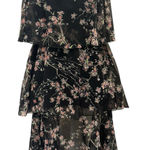 None VTG 60-70s Black Chiffon Tiered Midi Dress Pink Floral Coquette Fairy Cottage XS Photo 1