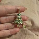 Vintage Christmas Tree Brooch w/ Virgin Mary Dangle Charm Gold Tone Green Enamel Photo 0