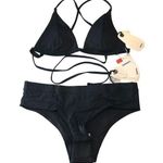 prAna  Bikini Set Sunkissed Top Upswell Bottom Triangle String Ties Black XS Photo 0