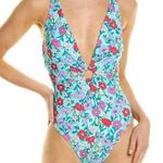 Nanette Lepore Swim Plunging Floral One Piece Swimsuit Light Blue Size 12 Photo 0