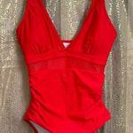 Lipstick Red Bright Cherry Mesh Plunge One Piece Swimsuit Medium Photo 0
