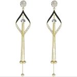 New Gold Color Long Crystal Tassel Dangle Earrings For Women Wedding Drop Earr Black Photo 3