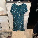 Miami  Teal Floral Wrap Midi Dress – Short Flutter Sleeve V-Neck Ruffle Hem Large Photo 1