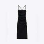 ZARA Draped Ruched Midi Black Dress Front Split Bloggers Size S Photo 6