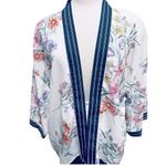 cupio Floral Kimono Cardigan Top Open Front Boho Striped Navy Trim Size L Photo 8