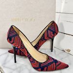 Jimmy Choo Red & Navy Geometric Pattern Woven Pointed Toe Heels Photo 1