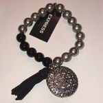 EXPRESS Brand Black Gray Beaded Silver Tone Charm Fringe Stretchy Boho Bracelet Photo 0
