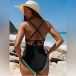 Popvil One Piece Swimsuit Tummy Control Cutout Black Neon Color Block Adj L NWT Size L Photo 1