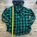 Risen Womens Frayed Hem Flannel Full Zip Hoodie Black/Green Streetwear Size Md Green Size M Photo 5