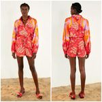 Farm Rio ππ Red Tiki Bananas Scarf Sleeve Romper ~ Tie Dye Cashew Small S NWT Photo 1