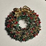 Vintage Signed Weiss Green /Gold Tone Wreath Enamel Christmas Holiday Brooch Pin Gold Photo 0