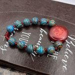 Handmade Boho Beaded Stretch Bracelet Red Floral Glass Centerpiece Blue Swirl Photo 3