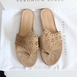 Veronica Beard Sylie Lasercut Eyelet Beige Suede Thong Sandal Flip Flops Photo 1