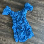 Hello Molly  blue floral ruched bodycon off the shoulder mini dress Photo 0