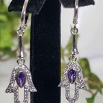 Silver Steel with Purple / Clear Zirconia Hamsa Hand Huggie Hoop Earrings Photo 1