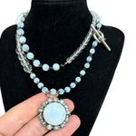 Faceted Opalite & Crystal Boho Bead Necklace with Pendant 18” Toggle Clasp Silver Photo 5