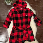 PINK - Victoria's Secret Victoria's Secret Pink Bling Plaid Fleece Hooded Robe Red/Black/Silver Sz XS/SM Photo 0