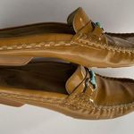 Modavi Moc Mules Leather Women's Slip On Size 6.5 Camel w/ Bright Blue Accent Tan Photo 1