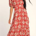 Lulus NWT Daily Daydream Rust Red Floral Print Puff Sleeve Midi Dress - Size L Photo 0