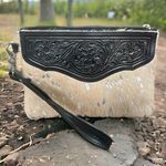 None REAL Cowhide Leather Wristlet ~ White & Silver Fur Photo 0
