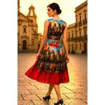 CCC Silk Cotton Medium Knights Scene Print Fit And Flare Midi Dress Italian Art Red Photo 3