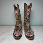 Dan Post Arrow Boots 8.5 Brown Pink Teal Flowers Heart Cutouts Photo 2