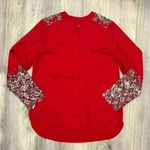 Venus  Red Satin Black Crochet Lace Button Up Top Long Sleeve Blouse Size 12 Photo 0
