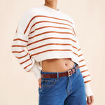 Free People White and Brown Striped Sweater Photo 0