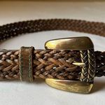 Vintage 1991 Liz Claiborne Belt Braided Brown Leather Gold Tone Chunky Buckle XS Photo 1