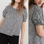 Madewell  Embroidered Gingham Shirred Puff-Sleeve Top Blouse Black White S Photo 1