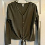 Green Waffle Knit Sweater V Neck with Tie Knot Photo 0