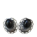 VTG Large Silver Scrolled Pierced Earring Faux Black Onyx Art Deco 70’s Costume Photo 0