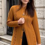 VINTAGE Cardigan Sweater Womens XL Cable Knit Button Front Granny Cottage Grunge Gold Photo 0