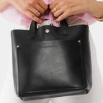 PORTLAND LEATHER GOODS | Black Smooth Leather Mini Crossbody Tote Stripe Strap Photo 0