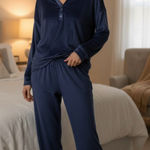 Roudelain Long Sleeve Ribbed Velour Pajama Top Peacoat Size L Soft Cozy Blue Size L Photo 0