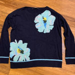 Loft  Floral Crew Neck Long Sleeve Sweater Women's Size M Navy Blue‎ Wool Mohair Photo 0