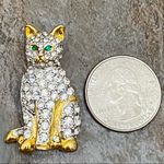 Vintage Unsigned Rhinestones Cat Brooch with Green Eyes Photo 4