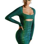 Oh Polly  Dress Womens Mini Green Striped Print Bodycon Long Sleeve Cut Out Sz 8 Photo 7
