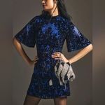 Anthropologie By  Blue Black Floral Velvet Burnout Mock Neck Open Back Mini Dress Photo 0