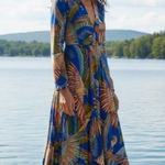 Farm Rio NWT  Macaw Flight Maxi in Blue Plunging V-neck Long Sleeve Dress L $220 Photo 0