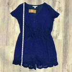 Miami NWT  Francesca’s V Neck Navy Crochet Short Sleeve Cotton Romper Size L Photo 7