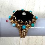 14K yellow gold, onyx, turquoise and diamond ring, vintage, size ~7 Gold Photo 13