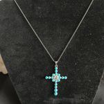 Turquoise & white topaz EUC gemstone cross necklace, 925 silver w/ 18” chain Blue Photo 1