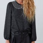 ZARA  Sweater L Embellished Peter Pan Collar Pearl Rhinestone Crewneck Gray Photo 2