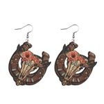 Western bullhead flower pattern wooden drop‎ earrings Brown Photo 0